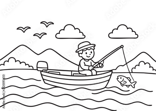 Fishing Boat Coloring Page Black and White Vector Illustration for Kids