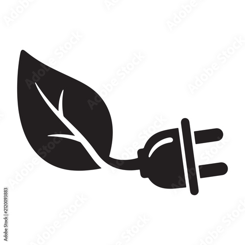 Eco friendly energy concept featuring a black leaf merging into an electrical plug, symbolizing sustainable power and green electricity