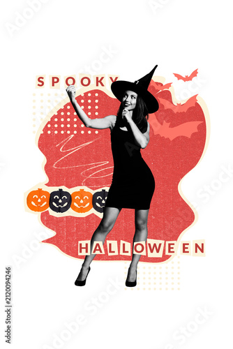 Obraz na płótnie Vertical photo collage of happy witch girl dance halloween vacation spooky pumpk
