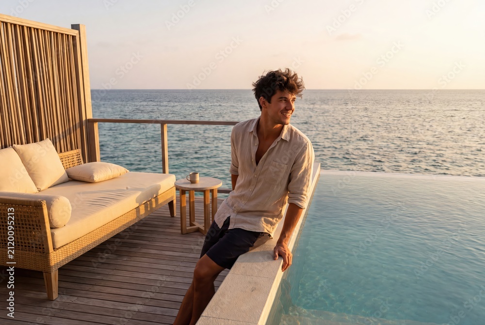 Fototapeta premium Man relaxing on luxury resort overwater bungalow terrace at sunset