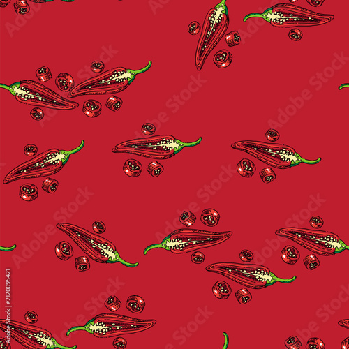 pattern sliced chili pepper sketch hand drawn vector hot slice, spicy food, cut red vegetable vintage black line illustration