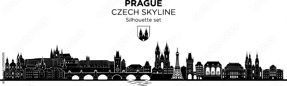Fototapeta premium Prague Czech City Skyline Landmark Silhouette Set Black White Travel Bundle Vector Illustration Isolated White Background