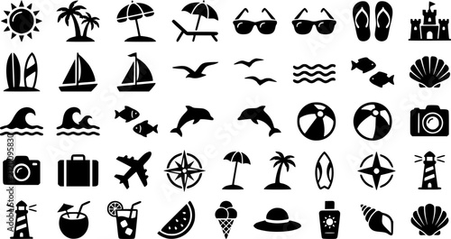 Summer and beach flat design filled icon set, holiday and vacation vector illustration.
