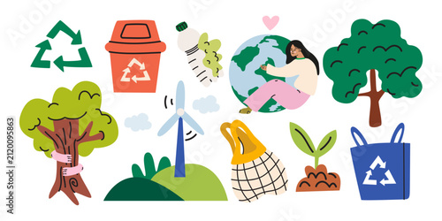 Ecology and environment protection vector illustration set. Earth care elements including recycling bin, green trees, wind turbine, reusable bag, plant sprouts and woman hugging the planet globe