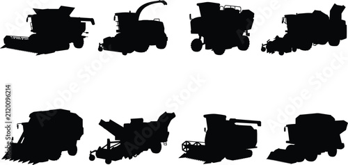 Fotografía Set of black silhouettes featuring combine harvesters and modern agricultural ma
