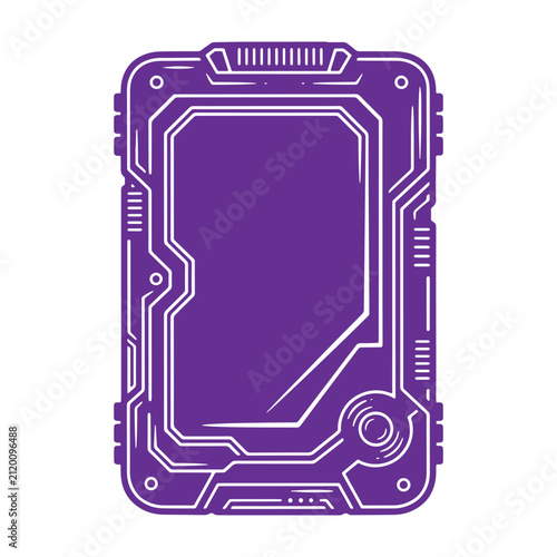 Purple rectangular digital interface frame with circuit board patterns, representing technology, data, and futuristic electronic hardware