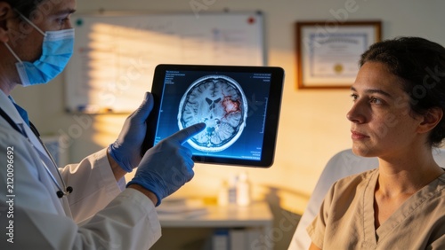Doctor with face mask showing patient brain trauma on tablet computer. 