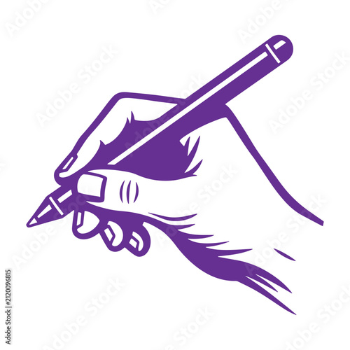 Purple silhouette of a hand holding a pen and writing, isolated on a white background, creative writing or education concept