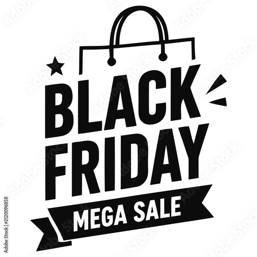Black Friday sale banner with shopping bag illustration and bold typography on a white background for unbeatable deals and promotions