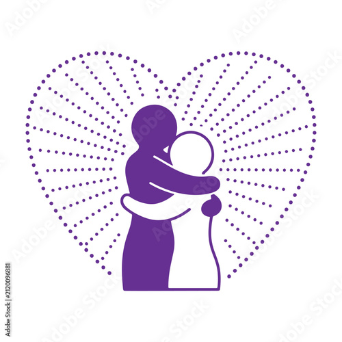 Purple silhouette of two people hugging inside a dotted heart shape with radiating lines, isolated on a white background