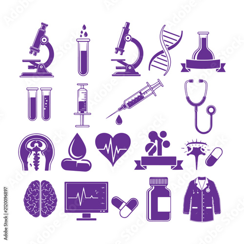 Set of purple medical and science including microscopes, test tubes, dna, syringes, and brain on a white background, flat set