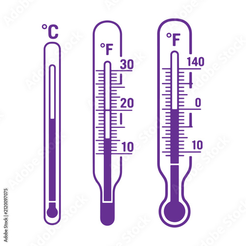 Three purple thermometers with celsius and fahrenheit scales on a white background, showing different temperature readings for science