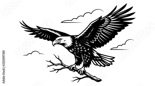 Obraz na plátně Majestic Bald Eagle Perched on Branch, Wings Spread Wide, Against Cloudy Sky - S