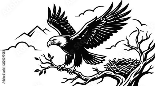 Obraz na plátně Majestic Bald Eagle Landing on Bare Tree Branch Near Nest, Mountain Landscape Ba