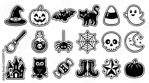 Fotografie Cute Halloween party sticker icon set with witch hat pumpkin bat black cat and c