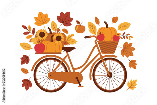 Autumn bicycle vector illustration featuring a vintage brown bike loaded with orange pumpkins yellow sunflowers and red apples among falling leaves