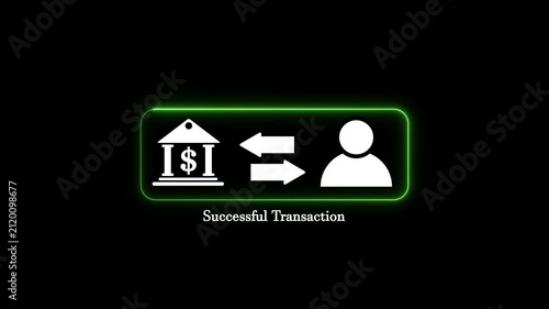 Green neon successful transaction icon with person and bank symbols on black background, financial transaction concept motion graphic animation for online banking mobile payment service process.