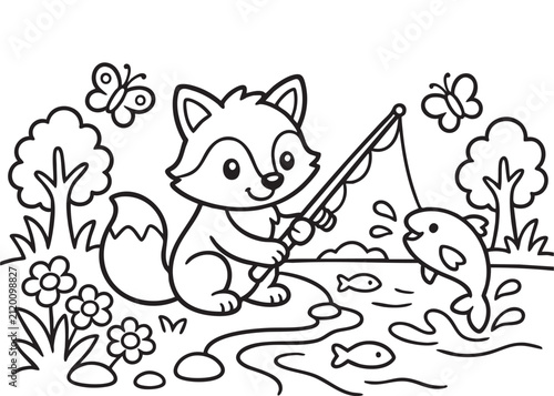 Cute Fox Fishing Coloring Page Black and White Vector Illustration for Kids