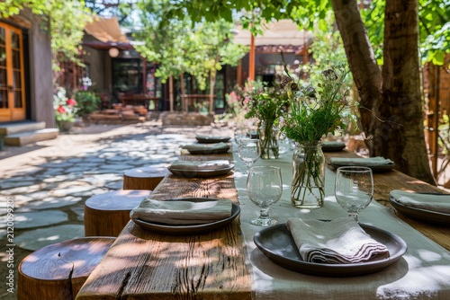 A long wooden table beside a country garden, accented by wildflowers in jars, tactile foreground details.