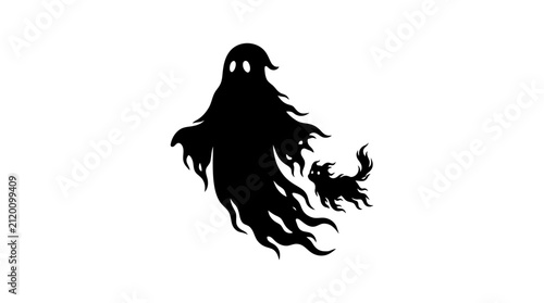 Fotografie A menacing black ghost silhouette with ragged edges and glowing eyes floats beside a small, furry cat with a bushy tail, both figures creating a spooky, ethereal impression on a stark white