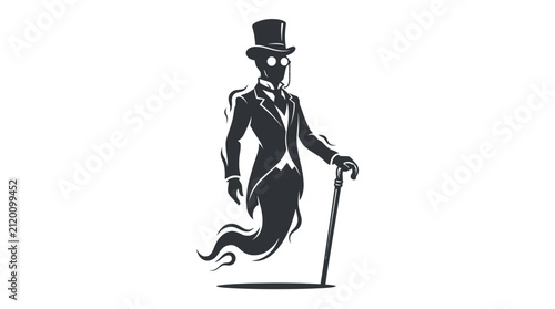 Foto Elegant ghost figure with a top hat, monocle, and cane, depicted as a sophisticated specter with a flowing, ethereal lower body