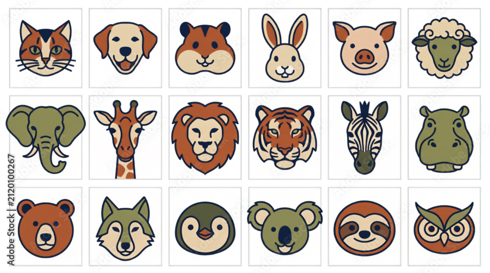 Obraz premium Vector set of cute animal head icons featuring domestic pets and wild zoo fauna like lion, tiger, bear, cat, dog, elephant, and giraffe clipart.