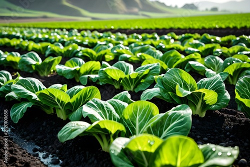 Fresh Bok Choy Rows Growing In River Valley Farm After Morning 