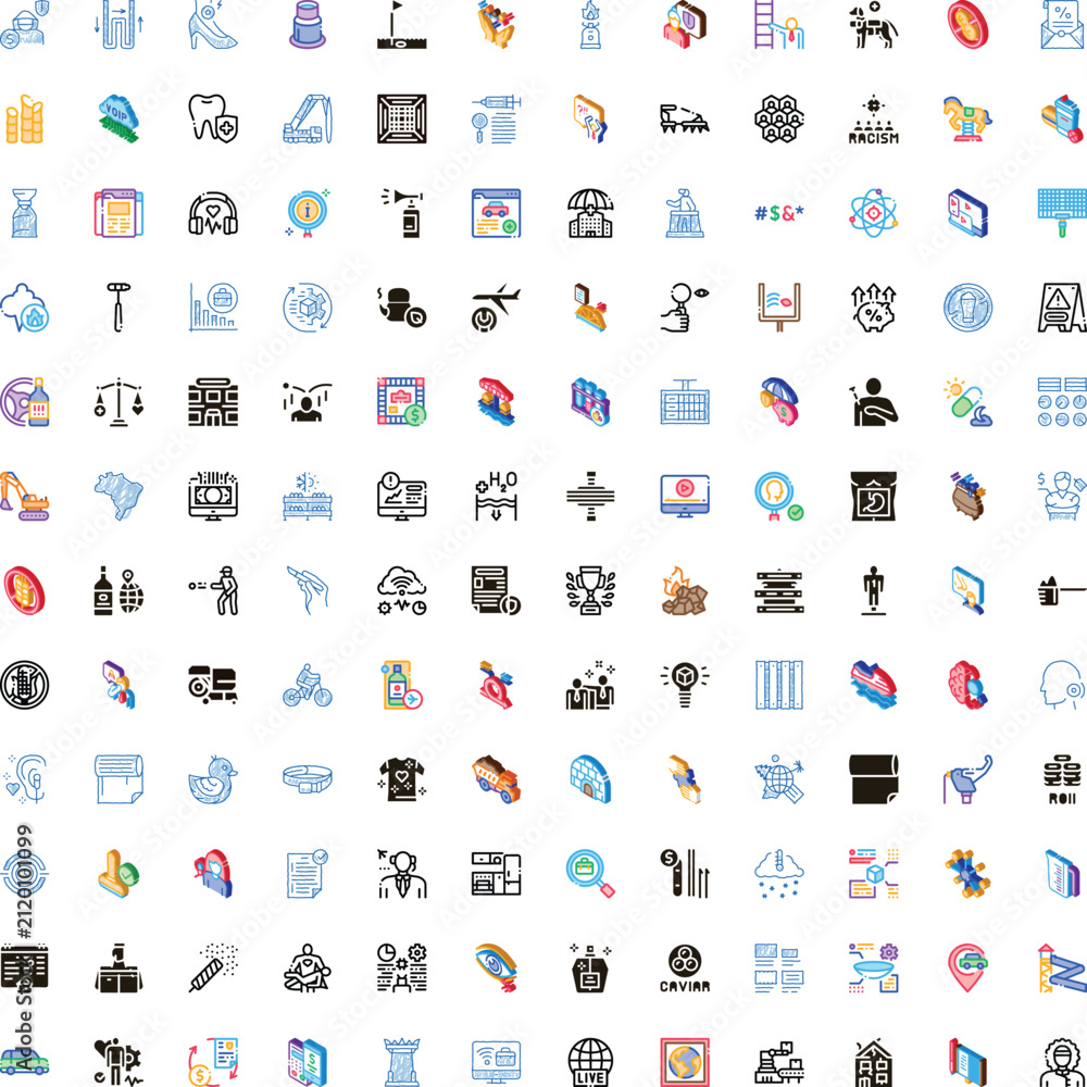 Naklejka premium Set of assorted glyph, outline, gradient, and isometric icons for business, technology, finance, travel, and health, illustrating a wide range of everyday concepts and services