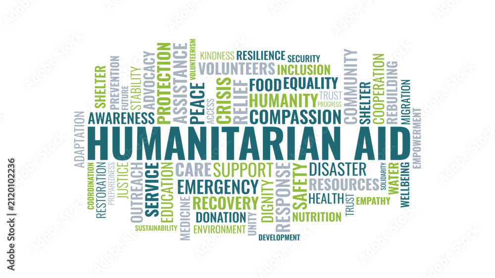 Fototapeta premium Humanitarian Aid Word Cloud Collage with Compassion Support and Emergency Terms