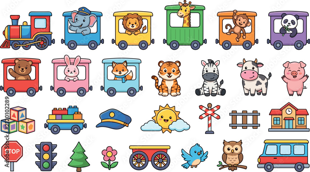 Fototapeta premium Cute Cartoon Animals Toy Train Railway Nursery Kids Sticker SetCute Cartoon Animals Toy Train Railway Nursery Kids Sticker Set
