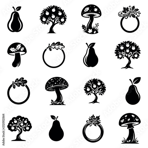 Pear Tree Mushroom Nature Vector Icons Black Silhouette Collection