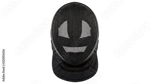 Frontal View of a Fencing Mask Featuring a Unique Graphic Pattern and Black Padded Bib Professional Headgear for Competitive Fencing and Training Combat Sports Equipment for Athletes