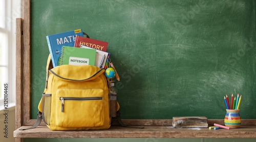 School bag loaded with colorful textbooks and supplies on desk with green blank chalkboard copy space.