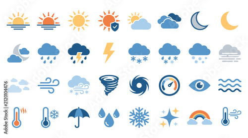 Bild auf Leinwand Weather forecast symbols with sun clouds and storms.