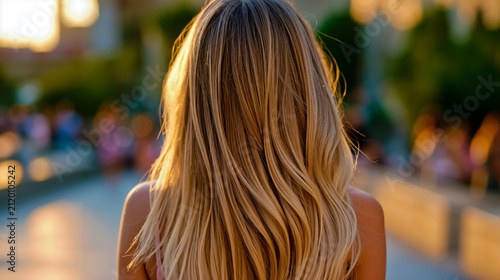 A portrait of a woman with long blonde hair captured from behind with a blurred background that suggests a sunset or sunrise