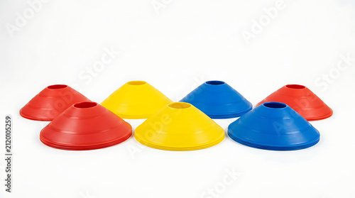 Row of Red Yellow and Blue Small Marker Cones for Sports Training and Agility Drills Essential Practice Equipment for Fencing and Athletic Performance Low Profile Plastic Cones for Exercise