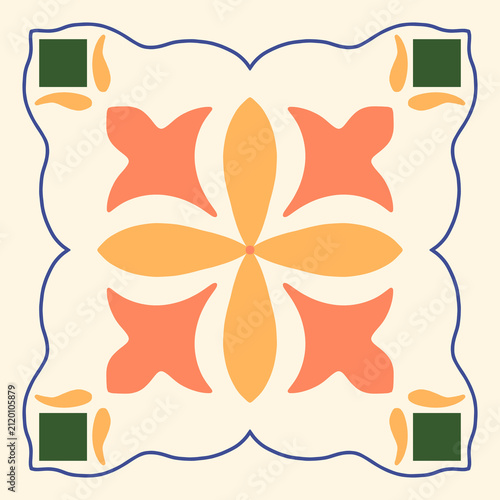 Vintage Mediterranean ornamental tile vector illustration with floral elements