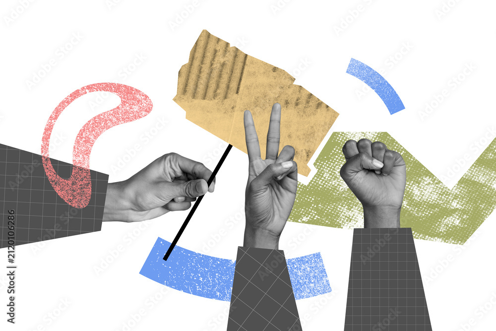 Fototapeta premium Composite collage picture image of hands hold plate gesture announce sale promo news paper texture fantasy billboard comics zine minimal