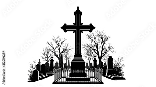 Принти на полотні Cemetery silhouette features a large cross monument surrounded by gravestones and bare trees, creating a somber, illustrative scene
