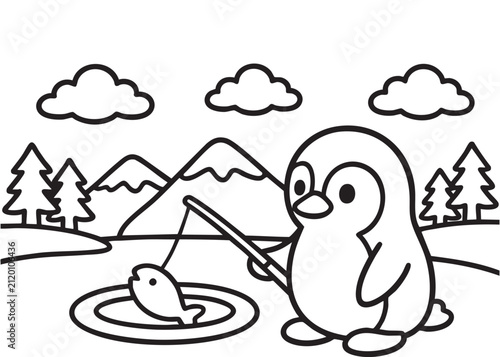 Cute Penguin Ice Fishing Coloring Page Black and White Vector Illustration