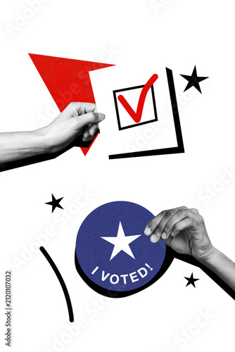 Foto Vertical photo collage human hands hold voting checkbox approval acceptance elec
