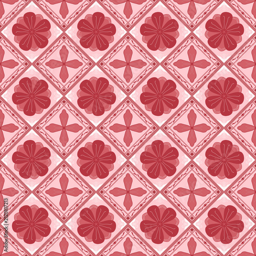 Pink and maroon seamless floral grid pattern in geometric diamond layout