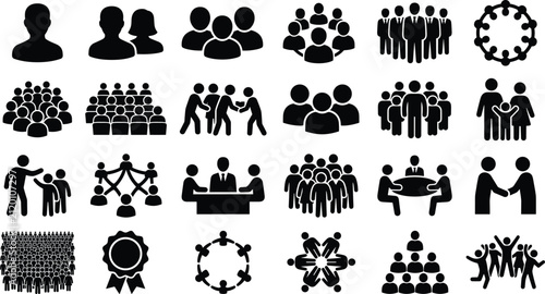 Collection of black and white vector icons representing people, community, and team collaboration