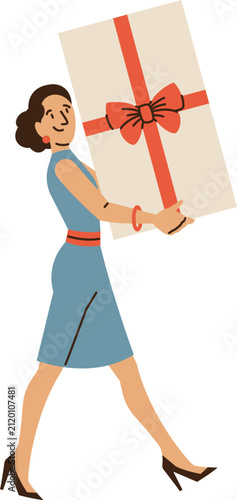 Woman walking and carrying big gift box vector illustration