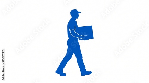 Delivery man carrying a package. Courier walking with a cardboard box, isolated icon.