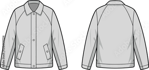 Foto Technical fashion sketch of a casual light grey jacket with raglan sleeves and f