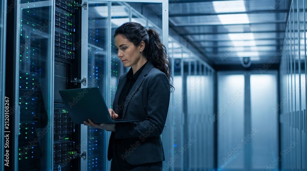 Fototapeta premium Female IT specialist working with a laptop in a modern server room datacenter maintaining systems