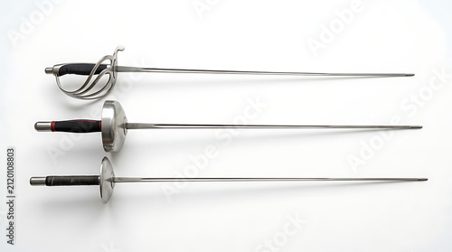 Trio of Competition Fencing Swords Showing Saber Epee and Foil Blades with Protective Tips and Metal Hilts Aligned Horizontally on a Plain White Background