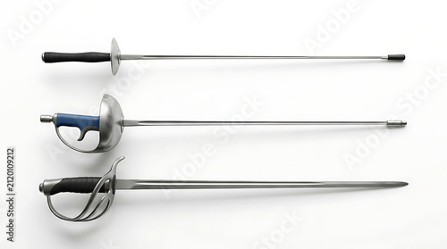 Set of Three Professional Fencing Weapons Foil Epee and Saber with Different Guard Designs and Grips Arranged Horizontally Isolated on White Background