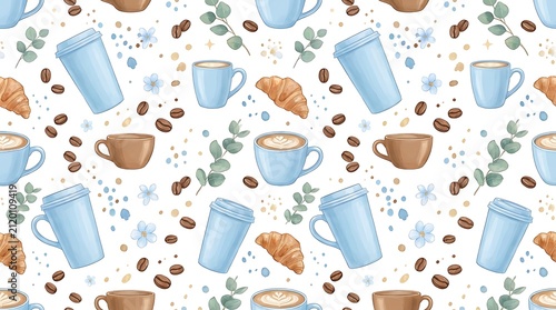 Seamless Watercolor Pattern with Coffee Cups, Croissants, and Coffee Beans.